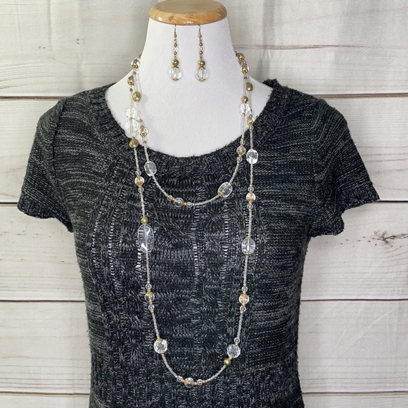 Premier Designs Jewelry - Necklace Earrings Set Mixed Clear Beads With Solid Goldtone Beads Long 64” Long